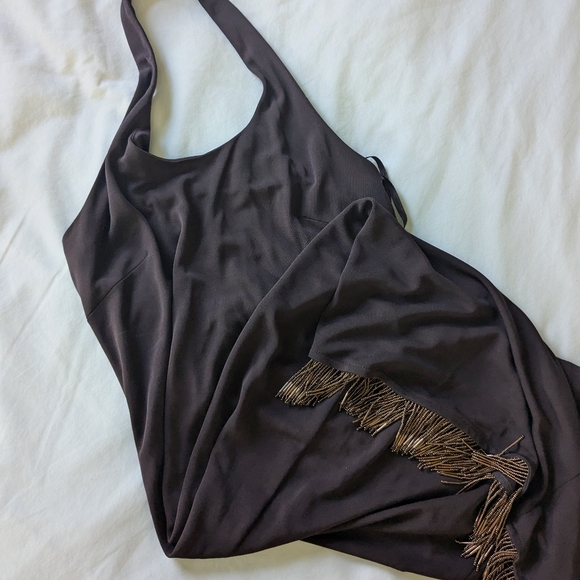 Y2K Chocolate Brown Beaded Fringe Halter Stretch Fitted Midi Dress 10 Deadstock - Picture 5 of 5